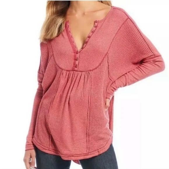 Free People | Leo Oversized Waffle Knit Henley Top Size Small - Picture 1 of 8